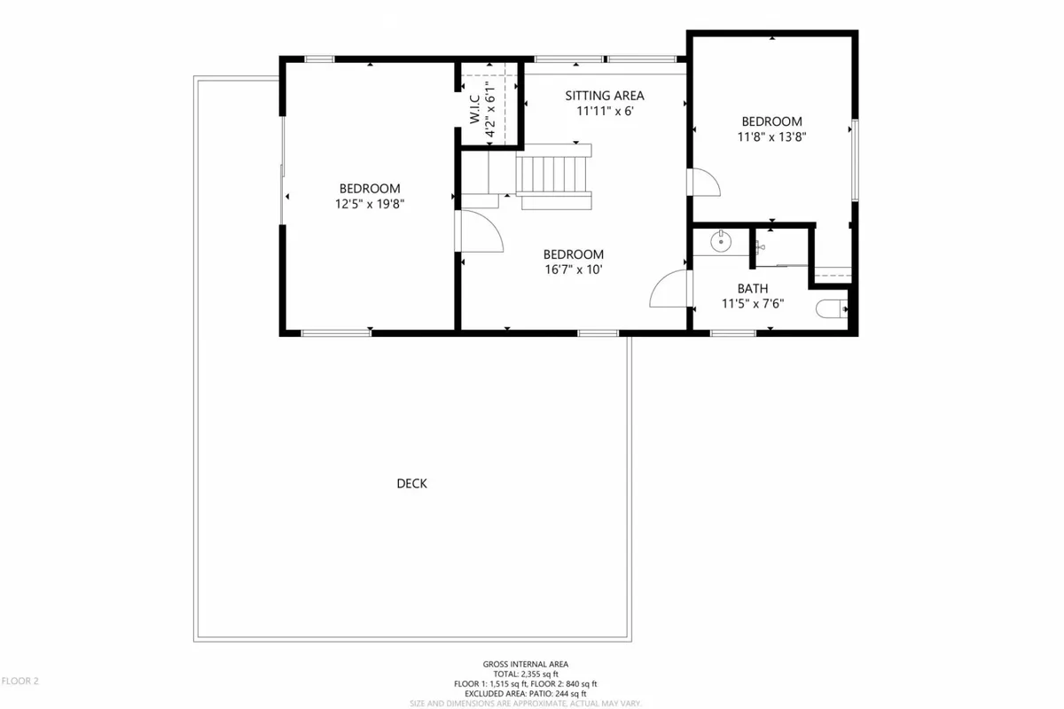 A spacious interior with a sitting area leading to bedrooms and a visible deck outside. The layout encourages family relaxation and socializing, with direct access to the deck for outdoor enjoyment.