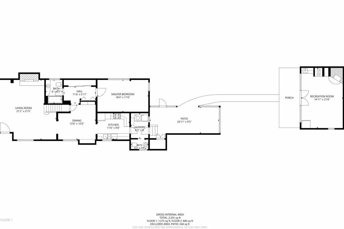 A view that captures several key areas of the home: the living room, kitchen, master bedroom, patio, and a dedicated recreation room. The space appears inviting and spacious, indicating opportunities for family gatherings, indoor fun, and outdoor relaxation.